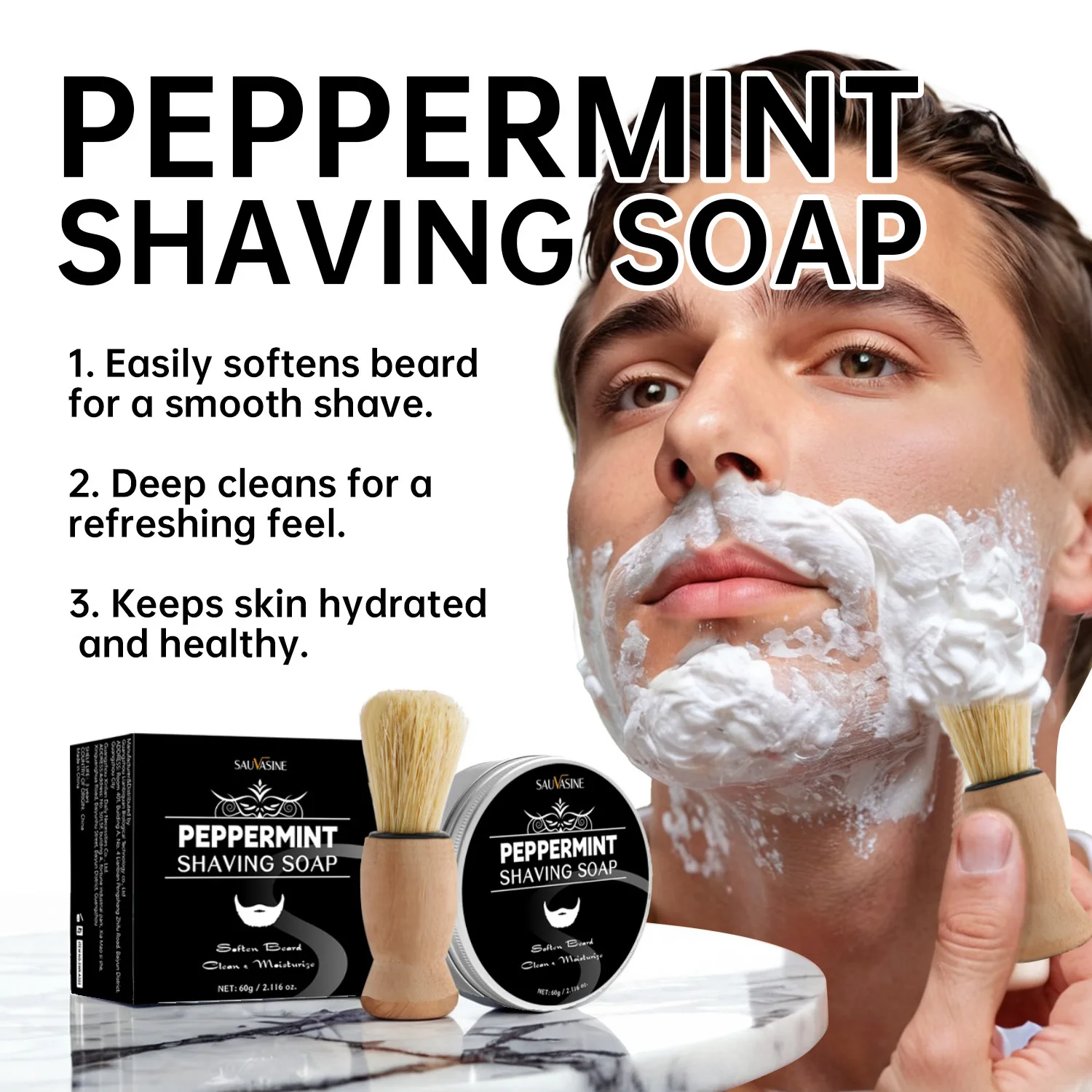 Mint Shaving Cream 60g with Brush Softens Beard for Comfortable Shave Nourishes and Protects Skin Shaving Soap