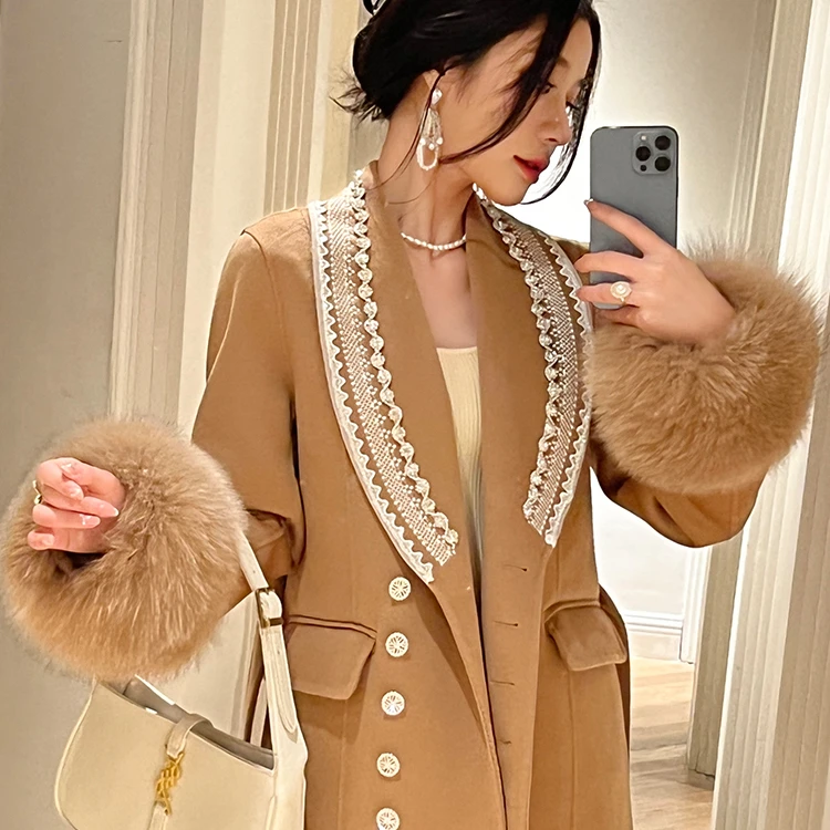 

2022 autumn winter women new cashmere wool coat women's solid casual long jacket ladies single breasted coat with cuff fur LZ52