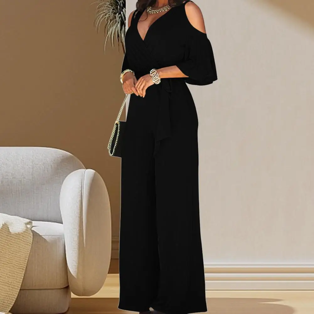 

Women Jumpsuit Off Shoulder Hollow Out Half Sleeves Lady Jumpsuit OL Style Deep V Neck Wide Leg Deep Crotch Summer Jumpsuit