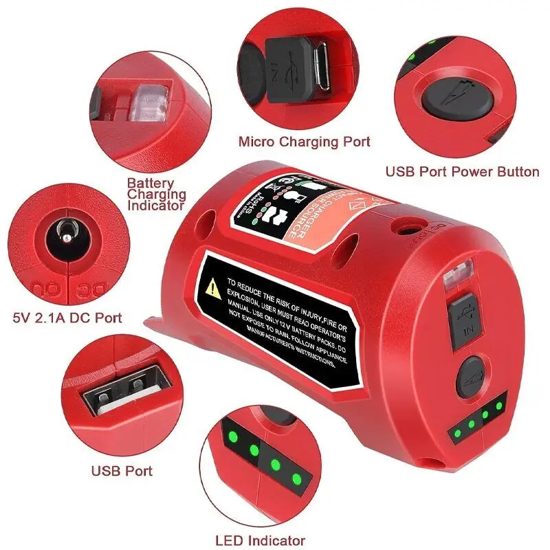 

Power Source Replacement for Milwaukee 12V Battery Charger 48-59-1201 49-24-231 Portable Power Supply Adapter with 2.1A USB Port