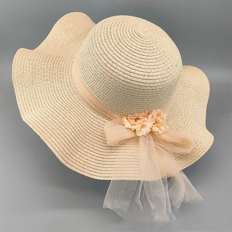 

Summer women's small fresh big brim wavy monochrome satin sun hat, round top, sunscreen, gauze ribbon straw hat