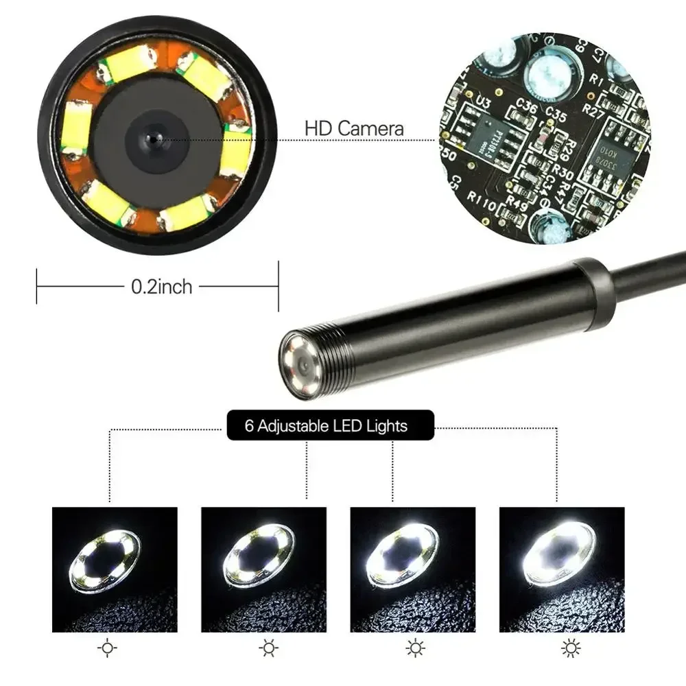 New 5.5/7mm Endoscope Camera 1/1.5/2/3.5/5M Flexible IP67 Waterproof Inspection Borescope Camera For Android 6 LEDs Adjustable 3