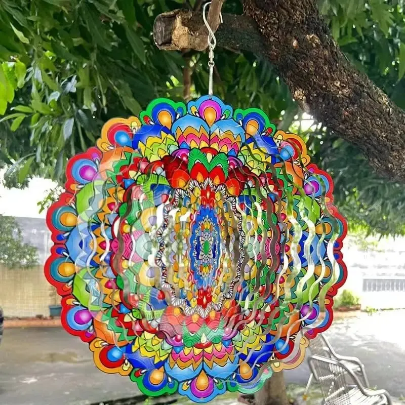 Wind chime 3D colorful wind spinning mandala 12 Inch foldable rotating garden metal chime peacock flower
