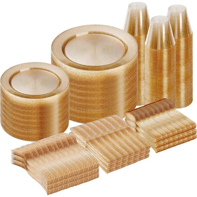 600 Piece Disposable Silver Plates for 100 Guests, Plastic Dinnerware Set of 100 Dinner Plates, Salad Plates, Spoons