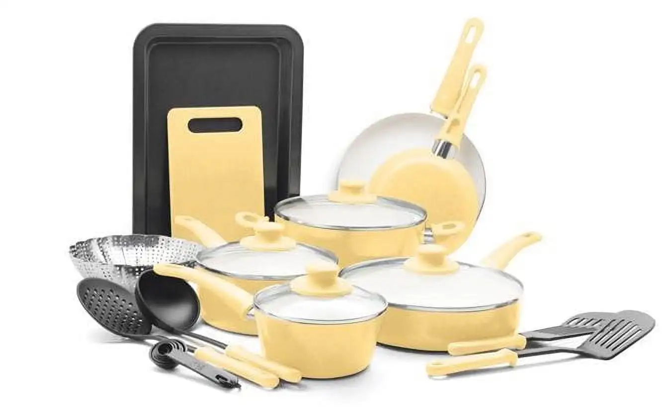 

18-Piece Soft Grip Toxin-Free Healthy Ceramic Non-Stick Cookware Set, Yellow, Dishwasher Safe