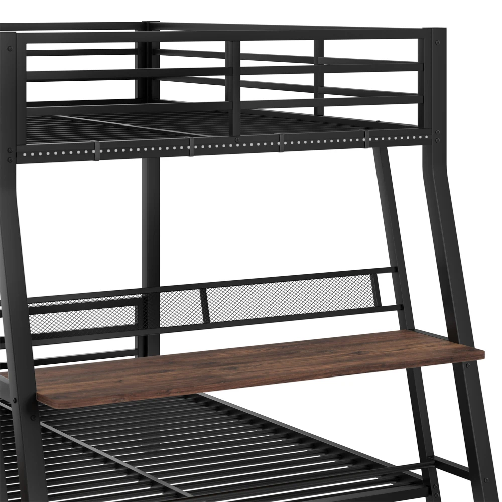 Schwarzes Eisenbettgestell - Hochbett mit Sicherheitsgeländer, LED-Lichtleiste, Schreibtisch, Aufbewahrungsschubladen, Treppe, Multifunktionales Bettgestell ohne Matratze – Detail 16