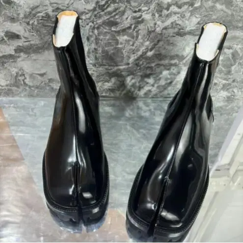 블랙 진짜 가죽 스플릿 토 첼시 키 증가 앵클 부츠, 여성 패션 슬립 온 영국 짧은 타비 부츠 신발