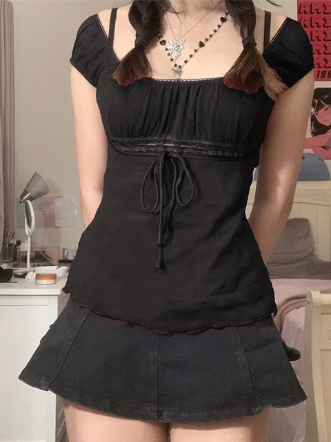T-shirt en dentelle pour femmes, épaules dénudées, avec cordon de serrage, mode coréenne, fée Grunge, Streetwear, années 2000 1