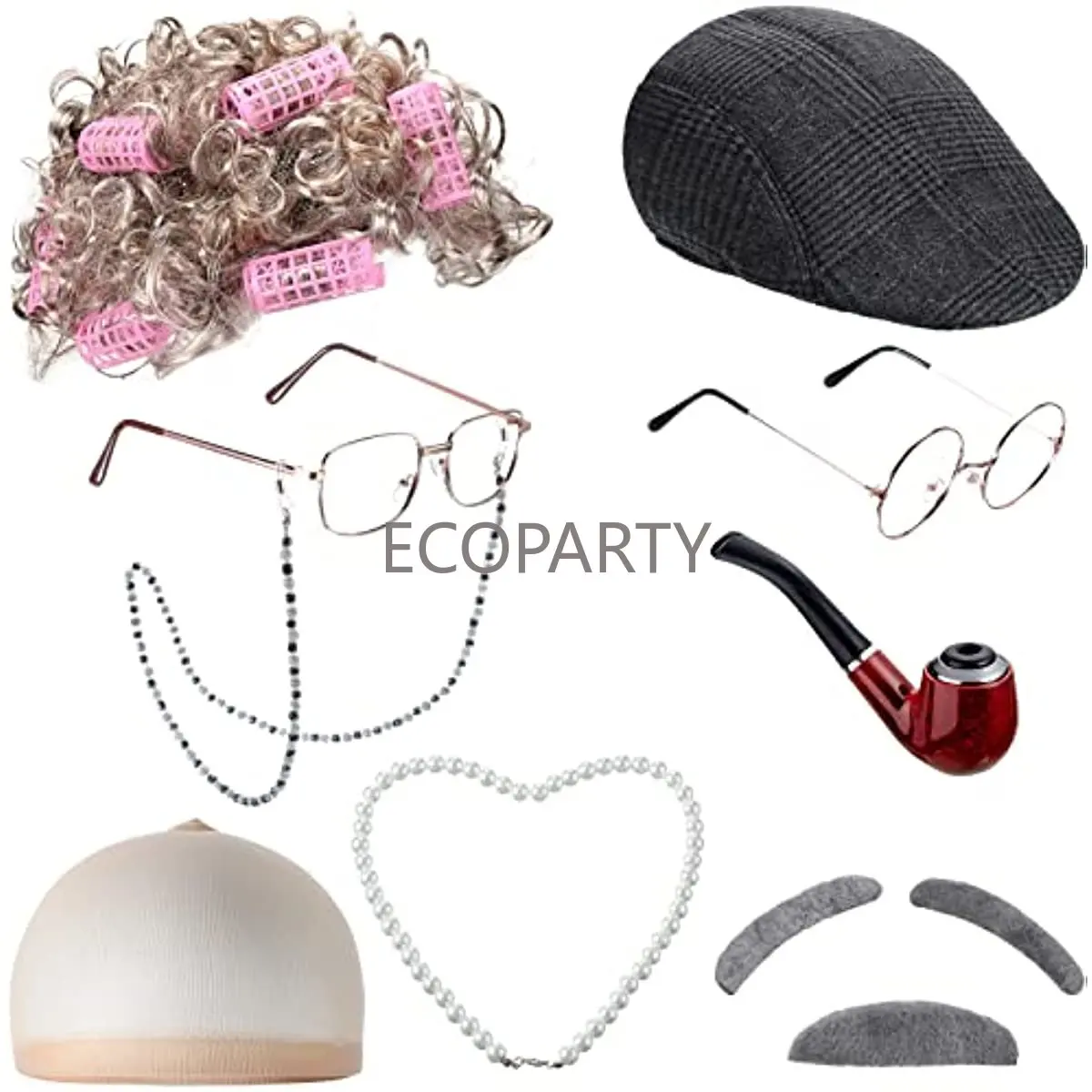

9 Pieces Old Lady Costume Set Old Man Costume Granny Costume for Kids Halloween 1920s Gatsby Old Lady Wig Grandma Costume