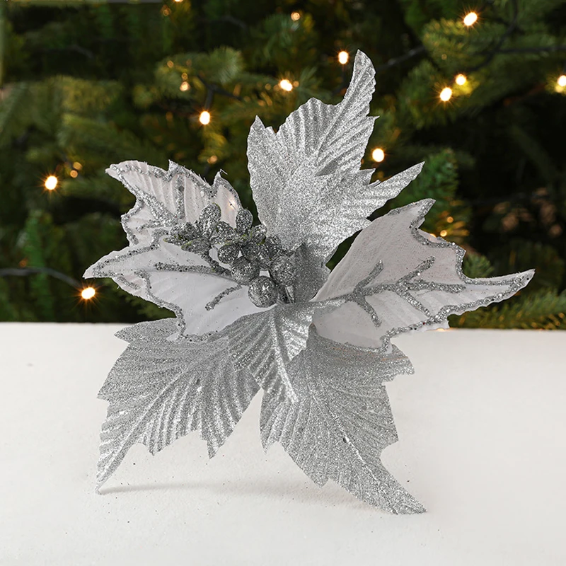 thumbnail image 1 of Flores artificiales de Navidad con lentejuelas brillantes de 26 cm, adorno colgante para árbol de Navidad, corona de bricolaje, decoración para bodas, fiestas de Año Nuevo y el hogar, 1 of 5