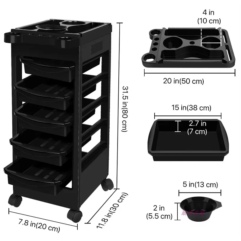 Plastic Rolling Cart for Stylists Beauty Salon Trolley 5 Removable Drawers and Dryer Holder for Barbershops