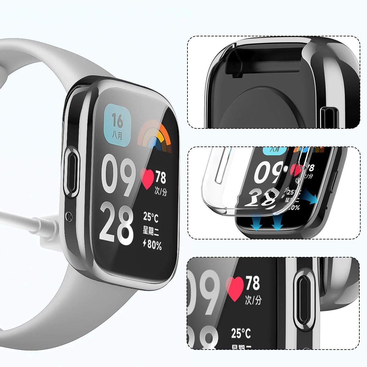 TPU Soft Silicone Smartwatch Case with Glass Screen Protector Cover