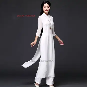 2025 abito aodai in stile folk tradizionale + pantaloni set vietnam chiffon aodai elegante abito aodai abito orientale abito cheongsam qipao 1