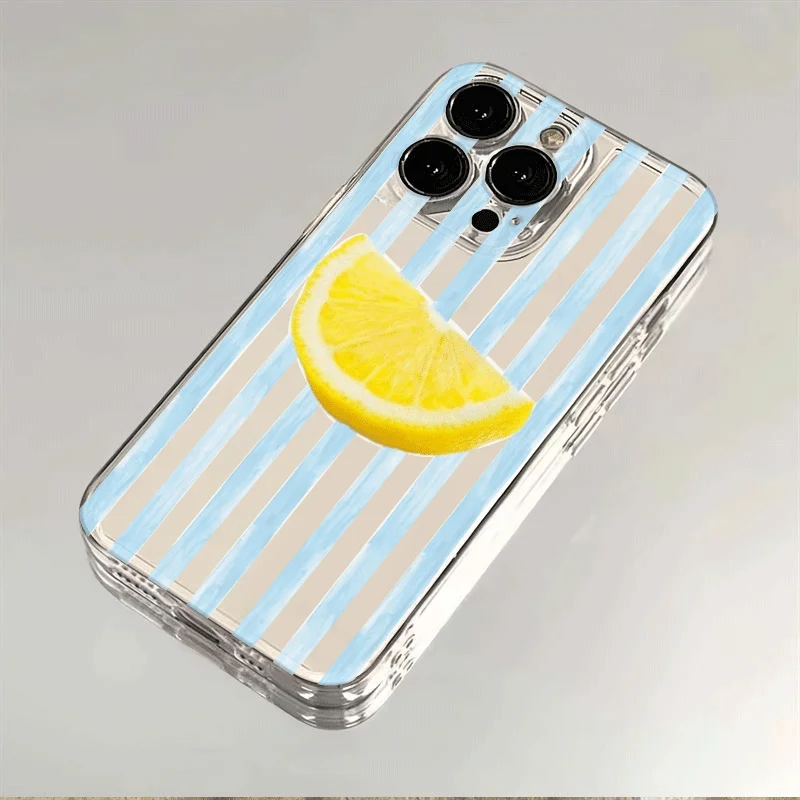Stylish Blue Striped Yellow Lemon Printed Phone Case - Clear Soft Cover