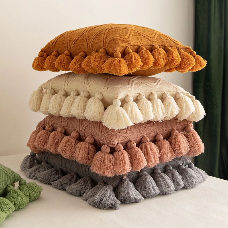 

Knit Soft Cushion Cover 45x45cm Boho Style Ivory Green Pink Tassles Home Decoration Pillow Cover for Living Room Bedroom