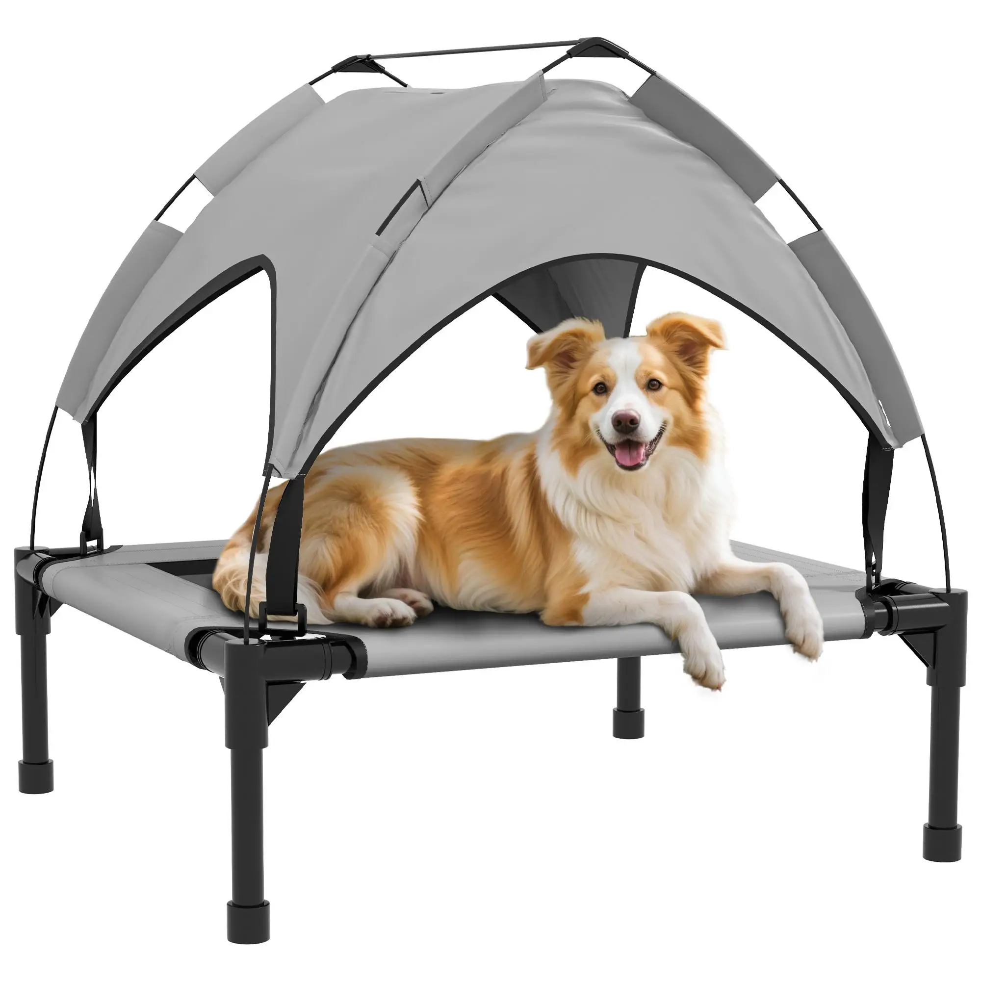 Light Grey Cooling Raised Dog Bed with Canopy 76x61x69.5cm, Washable Breathable Mesh Elevated Pet Cot for Small Medium Dogs UK