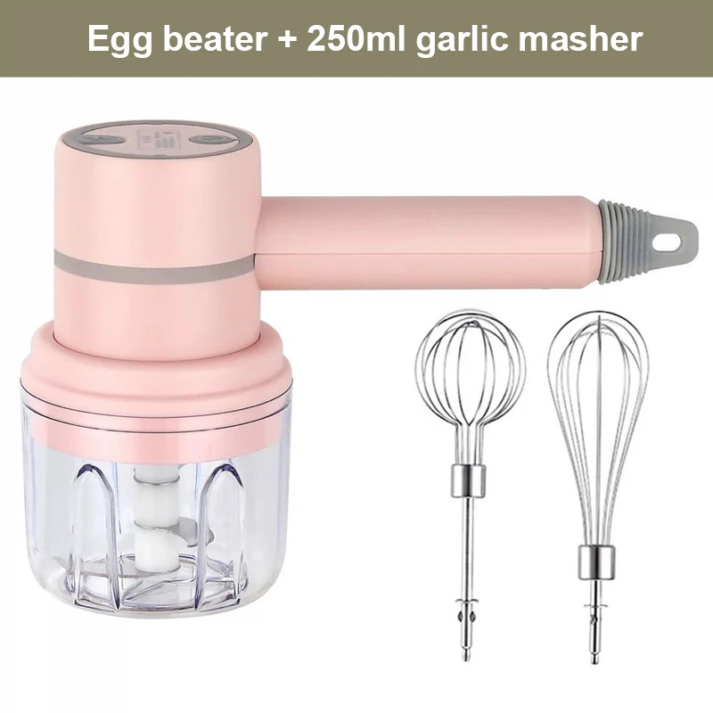 Garlic Chopper Food Mixer Handheld Blender USB 2 In 1 Wireless Electric Garlic Chopper Masher Whisk Egg Beater 3-Speed Control with 2 Mixing Rods Kitchen Handheld Frother