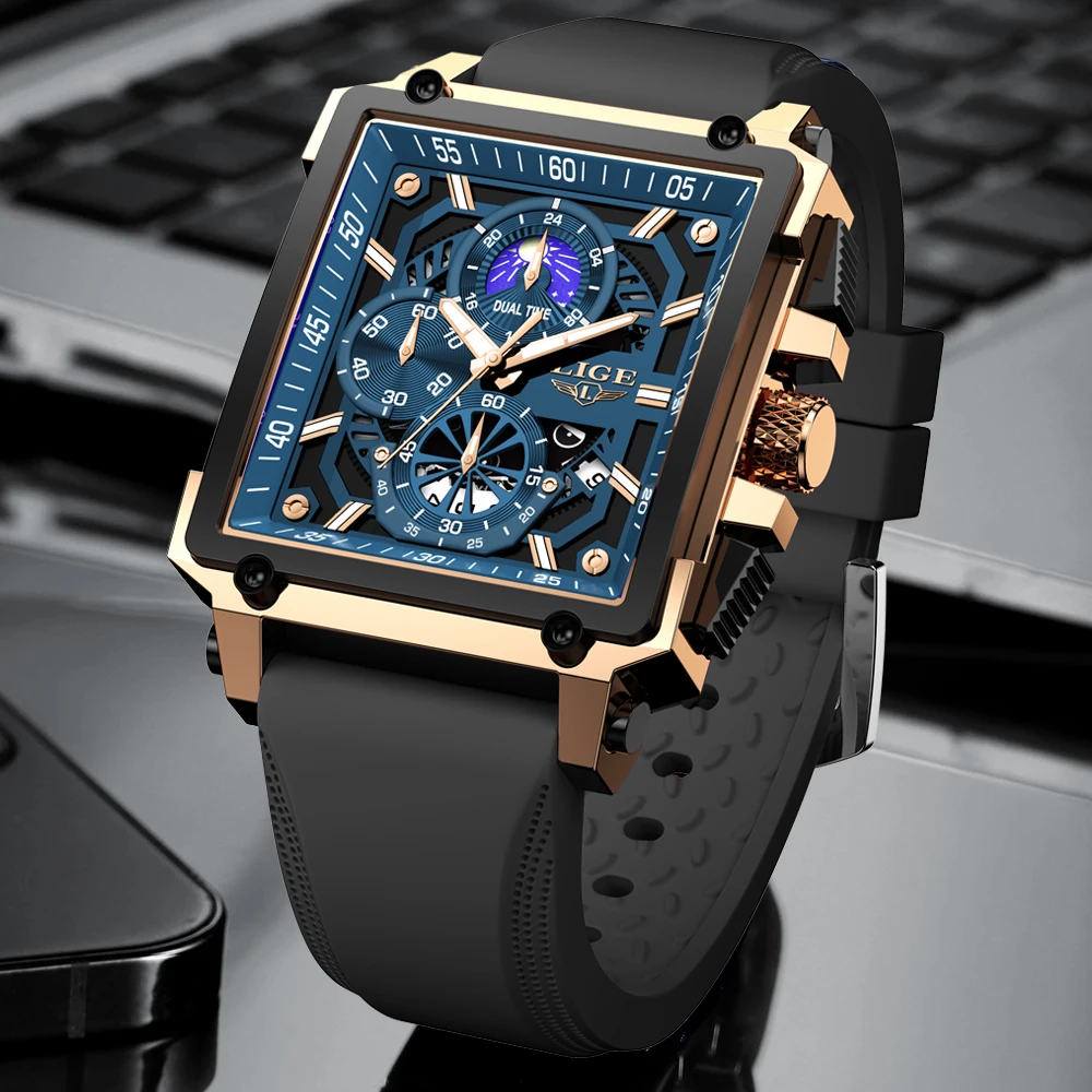 LIGE New Outdoor Sports Watches For Men Military Waterproof Men's Quartz Wristwatch Fashion Silicone Square Date Chronograph