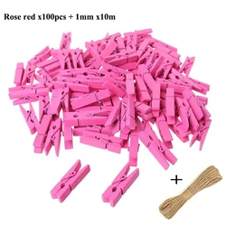 Mini Wood Clothespins with Hemp Rope for Crafts and Photo Displays, Pack of 50 (Rose red)