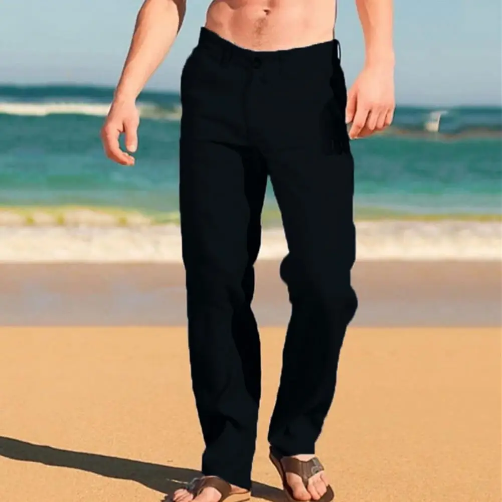 Description Picture 6 of itemSolid Color Mid-waist Pants Stylish Men's Wide Leg Pants for Daily Wear Streetwear Mid Waist Button Zipper Closure Loose Fit