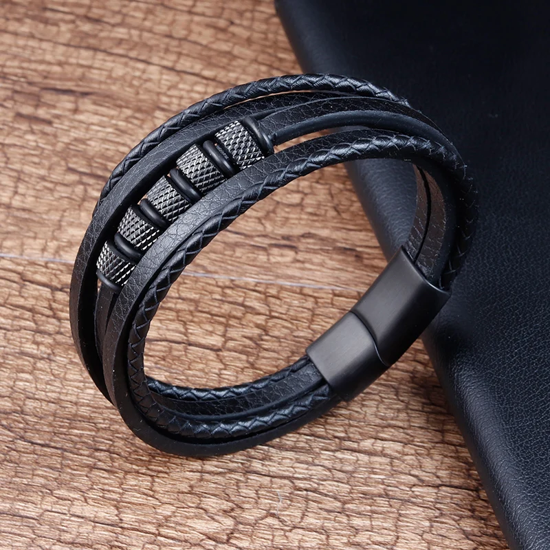  Luxury Classic Style Stainless Steel Mens Leather Bracelet  Hand-Woven Magnetic Clasp Black Simple Jewelry Gifts Customization :  Clothing, Shoes & Jewelry