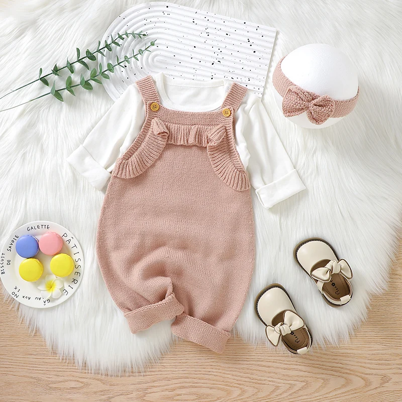 

Infant Baby Romper Knit Newborn Girls Jumpsuit Headwear Sleeveless Fall Toddler Kids Clothing Fashion Ruffle 2PC 0-18M Overalls