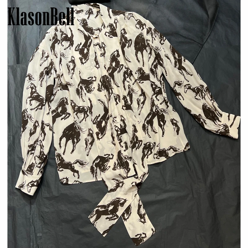 

12.1 KlasonBell Women's Elegant Horse Animal Print Ribbon Bow Single Breasted Shirt Women Blouse
