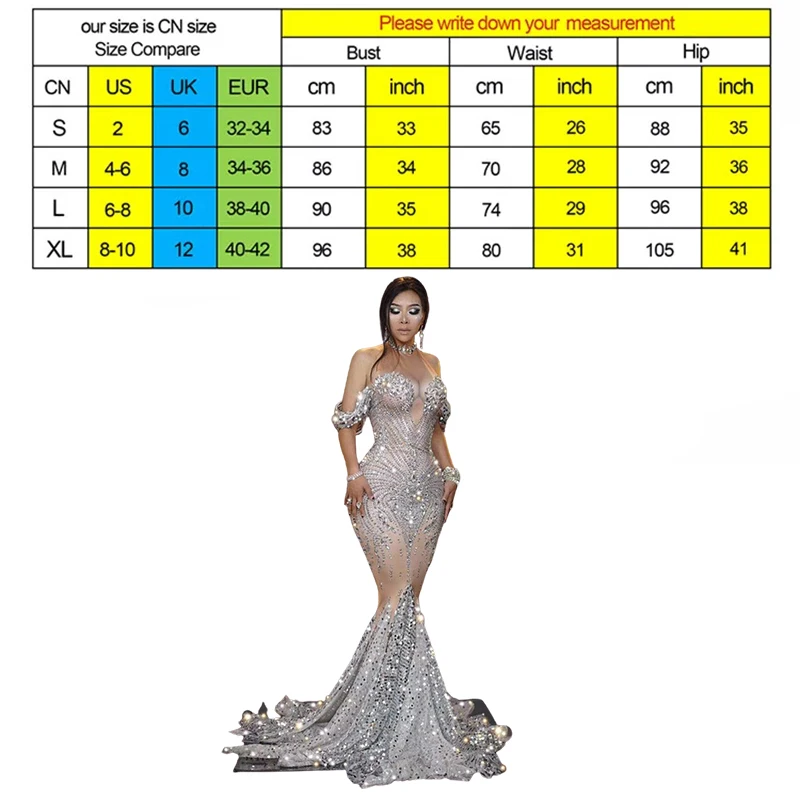 Flashing Silver Rhinestones Sequined Floor Length Dress Women Birthday Prom Celebrate Outfit Evening Women Long Big Tail Dress