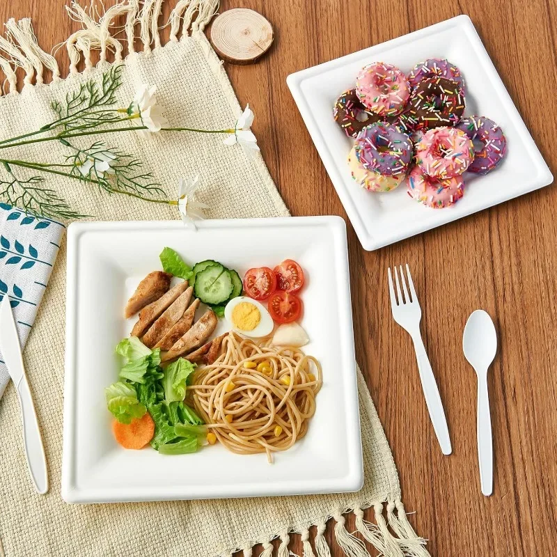 Square Paper Plates, 300 Pack Compostable Heavy Duty Biodegradable Paper Plates, Made from Sugarcane, Eco Friendly White