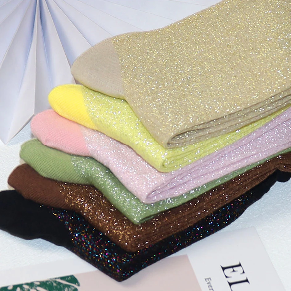 

Candy Color Glitter Socks Women Fashion Patchwork Filigree Loose Socks Harajuku Bright Silk Stockings Female Shiny Sequin Socks