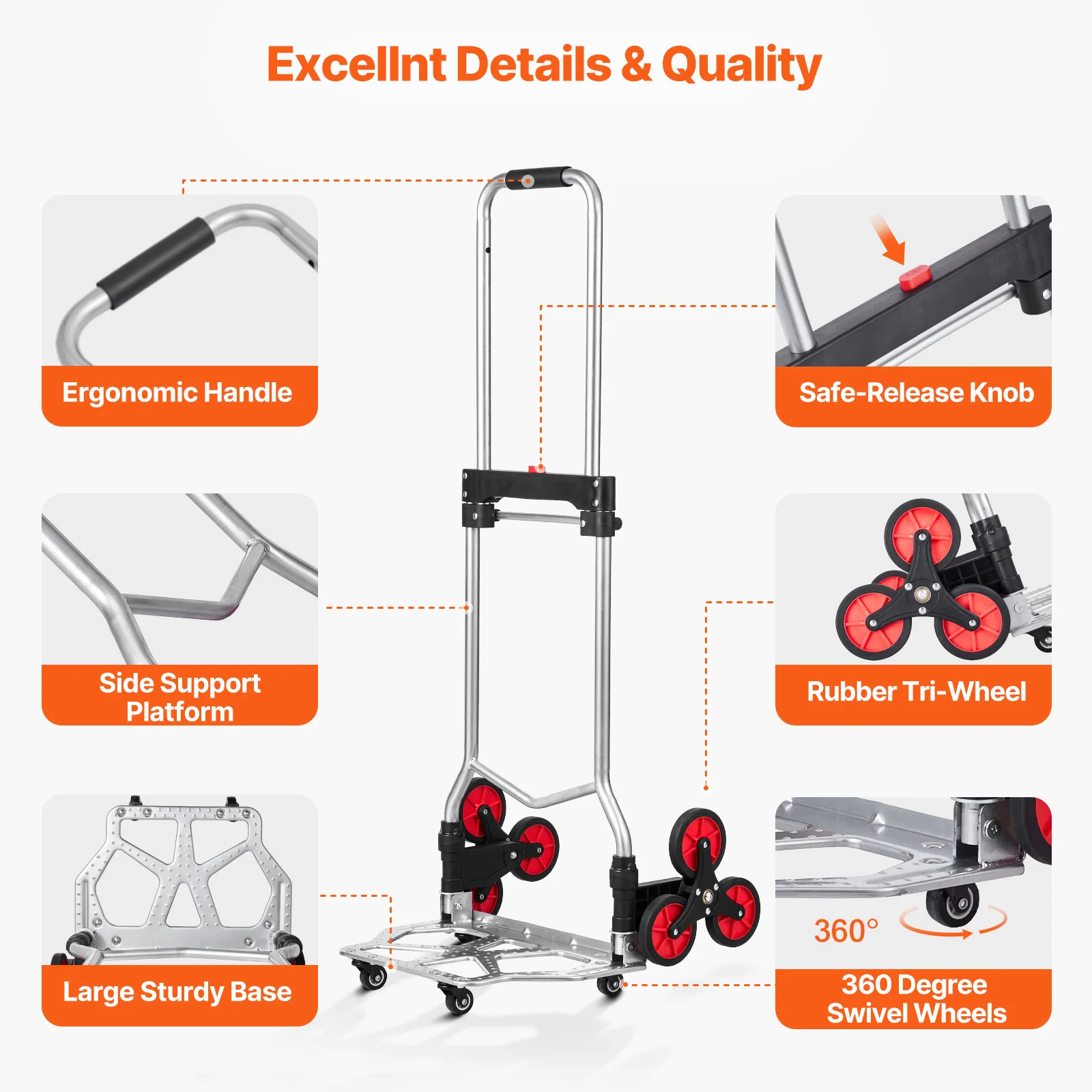 SucceBuy 260lbs Folding Hand Truck with Telescoping Handle & 2 Elastic Ropes Stair Climbing Cart Dolly for Warehouse Moving