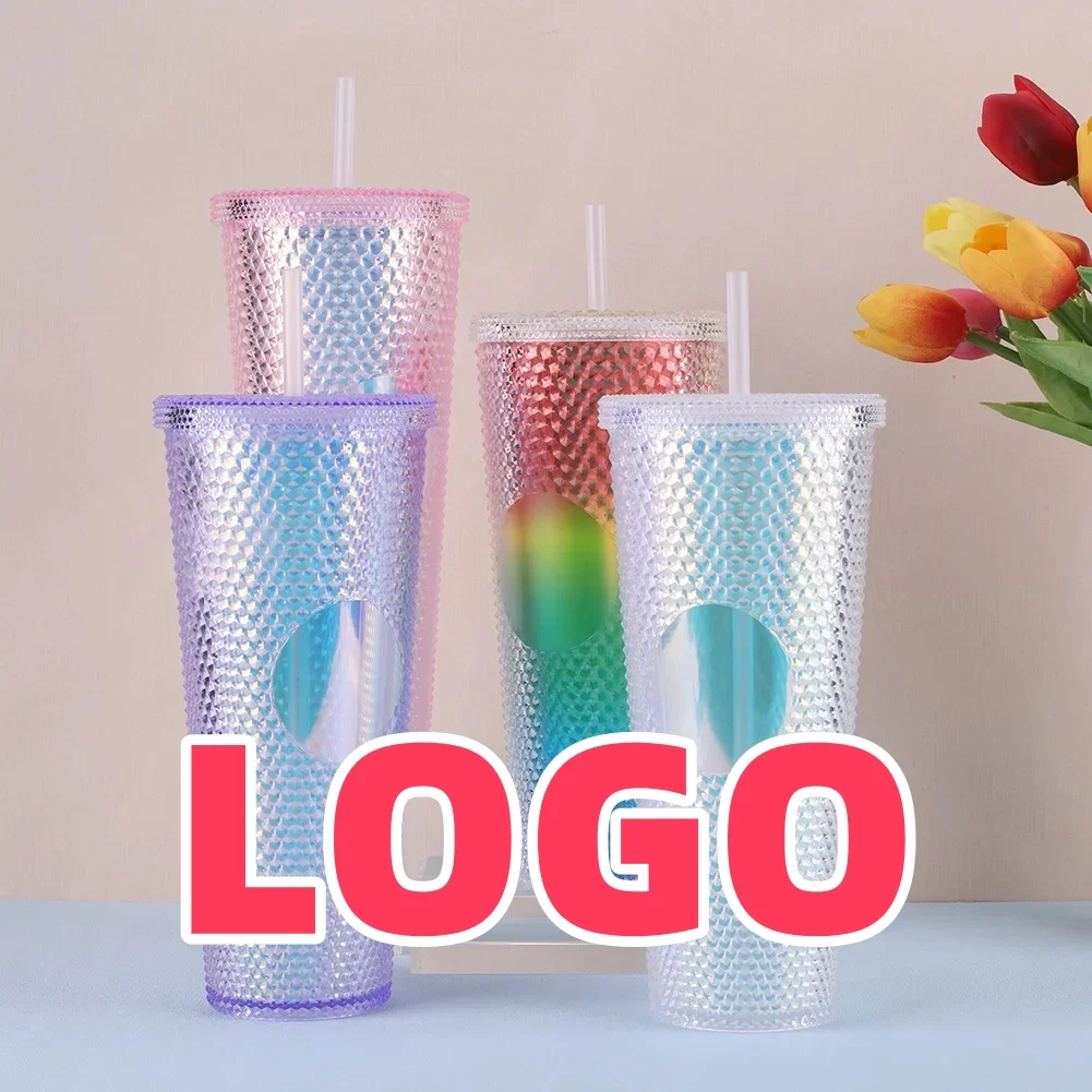 750ml Straw Cup with Lid Studded Finish Double Wall Coffee Mugs Plastic Studded Durian Tumblers Cold Bling Cup Customized