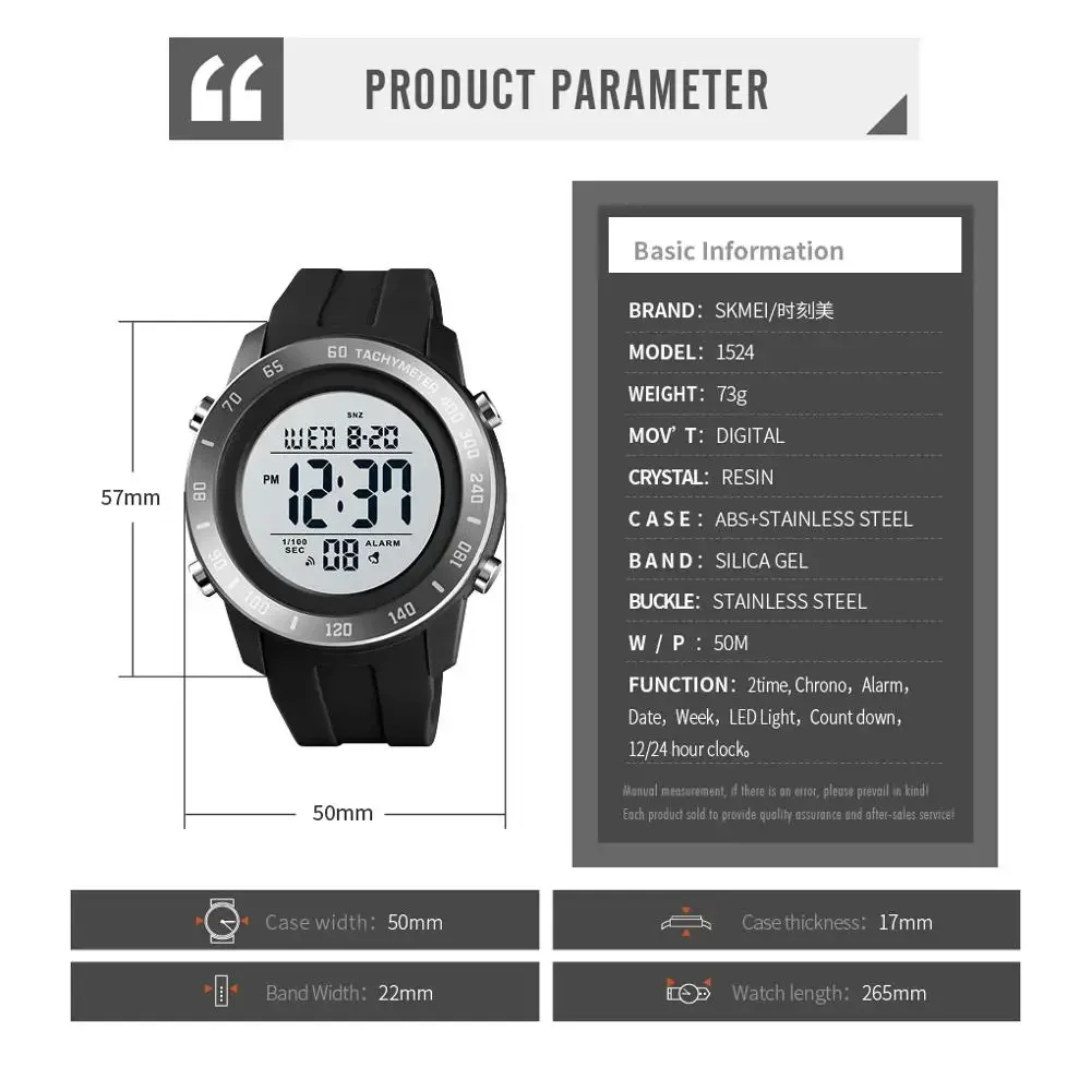 SKMEI 1524 For Mens Waterproof Chrono Count Down Male Hour montre homme Big Dial Sport Men Watch 2 Time LED Digital Wristwatches 6