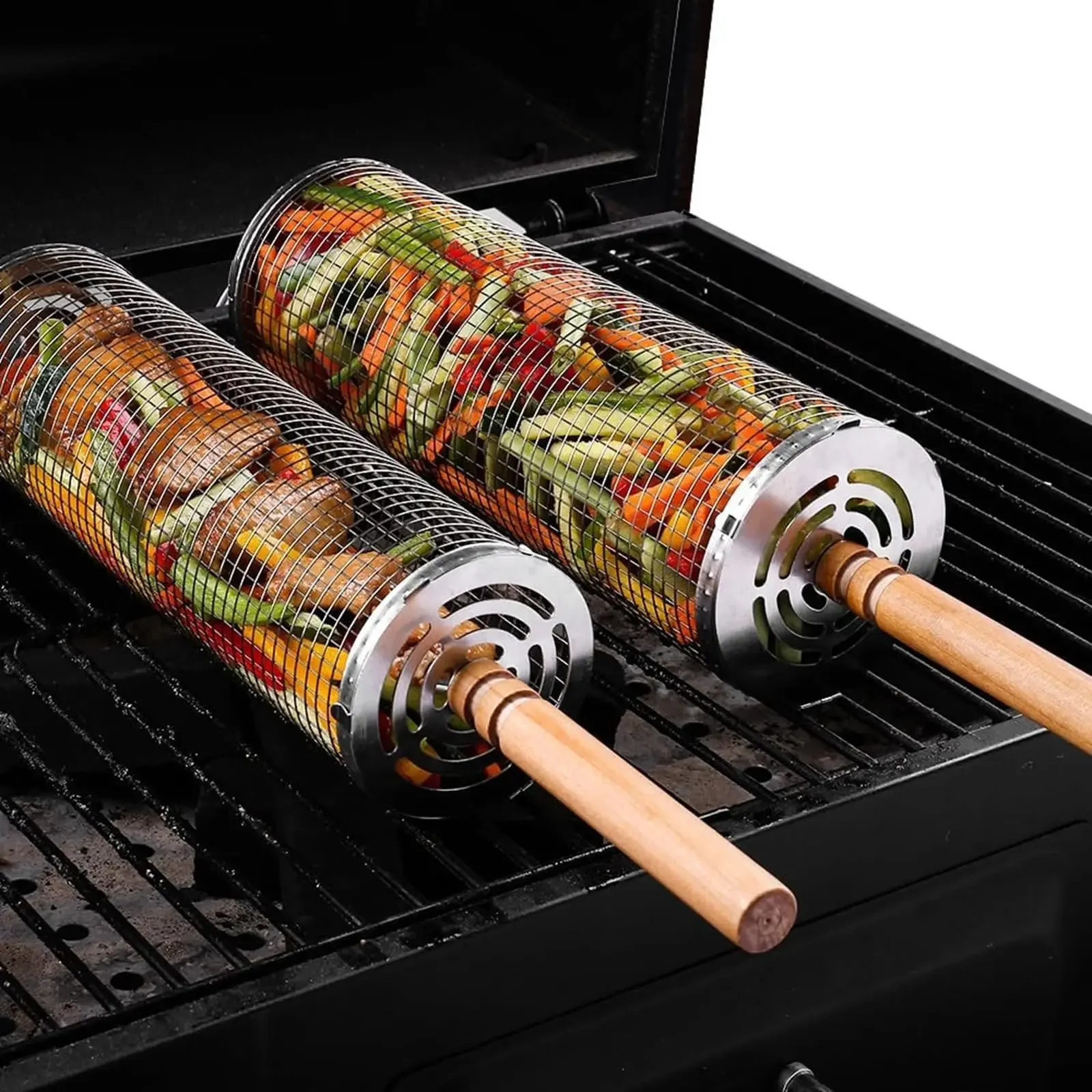 BBQ Rolling Grill Basket with Turn Handle Stainless Steel Reversible Outdoor Barbecue Camping Picnic Fish Grill Tool BBQ