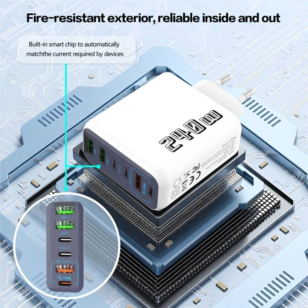 Chargeur rapide 240W 6 ports, chargeur USB C PD QC 3.0 pour iPhone 15 Pro Samsung S24, adaptateur de charge multi-ports PD QC pour iPhone