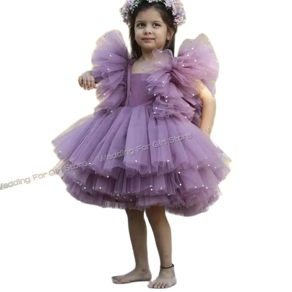 

Фиолетовые платья с оборками в несколько рядов для девочек, многослойное детское платье для выпускного вечера с квадратным вырезом и жемчугом, Тюлевая детская одежда до колена