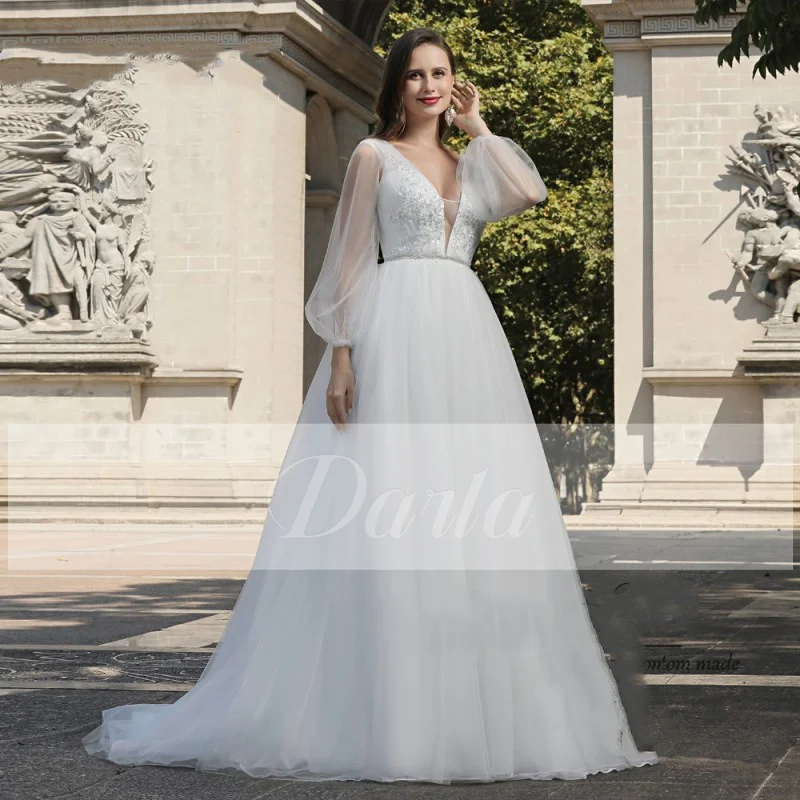 

Платье Свадебное ТРАПЕЦИЕВИДНОЕ с вышивкой, V-образным вырезом и длинным рукавом