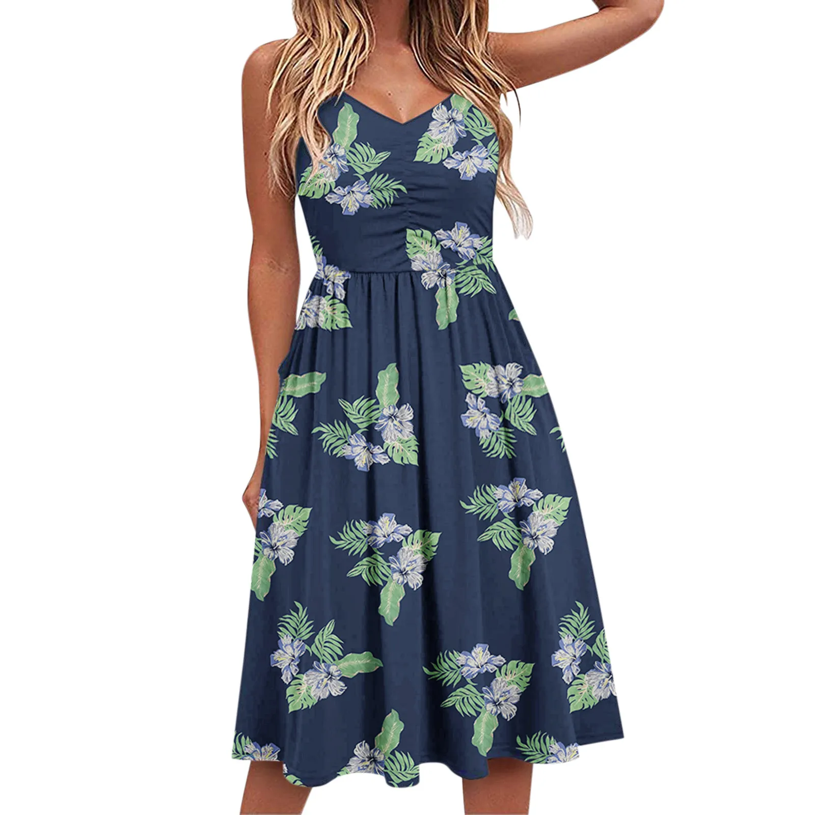 

Summer Casual Dress Women 2024 Sexy V Neck Spaghetti Strap Floral Printed Sleeveless Sundress Ladies Draped Loose Sling Dress