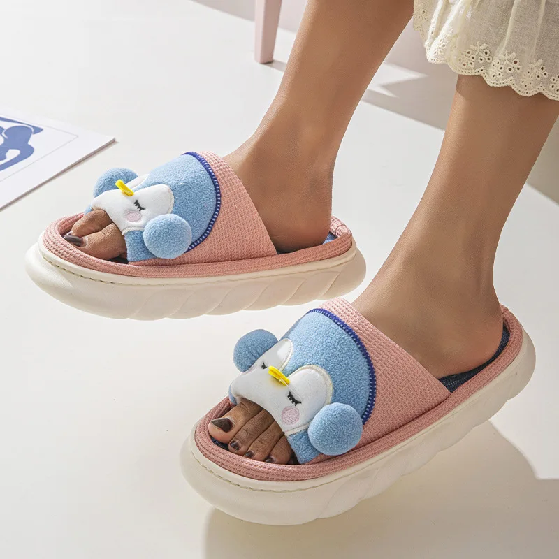Linen Casual Platform Slippers Women Home Cartoon Penguin Cute Designer Shoes Girls 2024 Fashion House Slipper Flats Large Size
