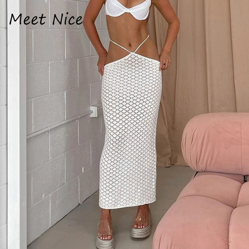 

Women's Tie Waist Mermaid Maxi Skirt Solid Color Crochet Hollow Out Lace Up Long Skirts Robe Beachwear Summer Vacation Outfits