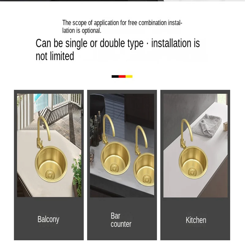304 Stainless Steel Kitchen Wash Basin 40cm x 40cm Nano Gold Bar Counter Mini Small Circular Sink Single Slot
