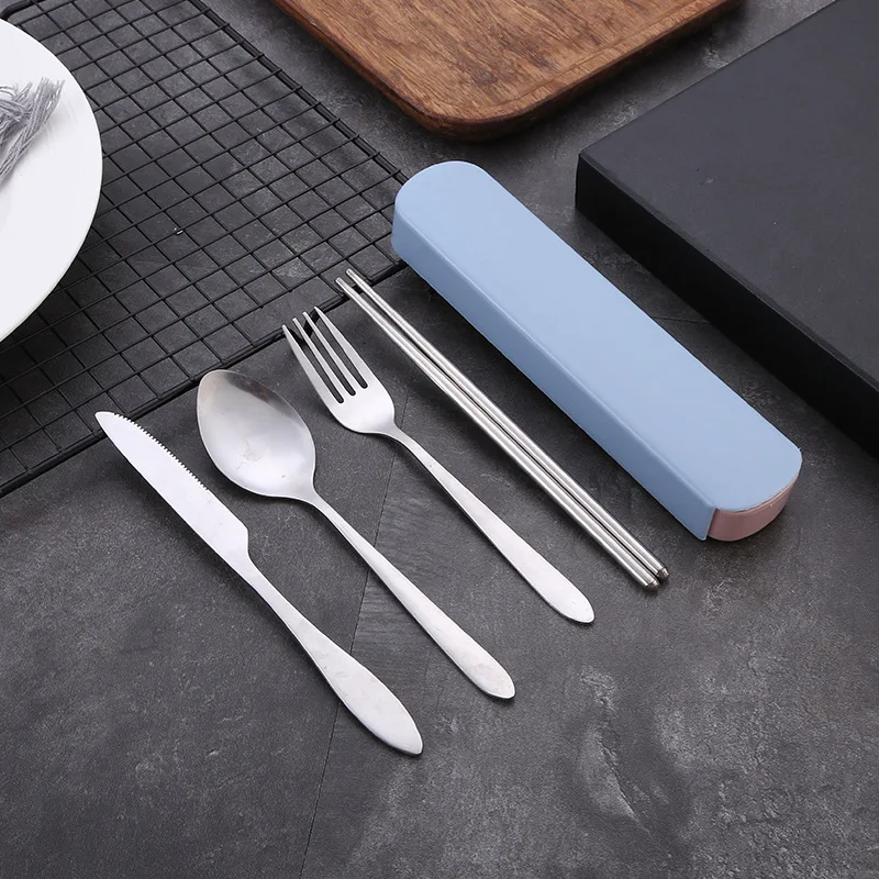 4Pcs/Set Travel Camping Stainless Steel Cutlery Set Portable Tableware Chopsticks Spoon Fork Steak Knife with Storage Case