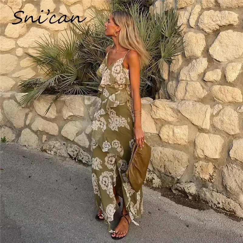

Green Floral Print Chiffon Dress Women Summer Spaghetti Strap Asymmetrical Ruffles Oversize Holiday Robe Femme Vestidos Mujer