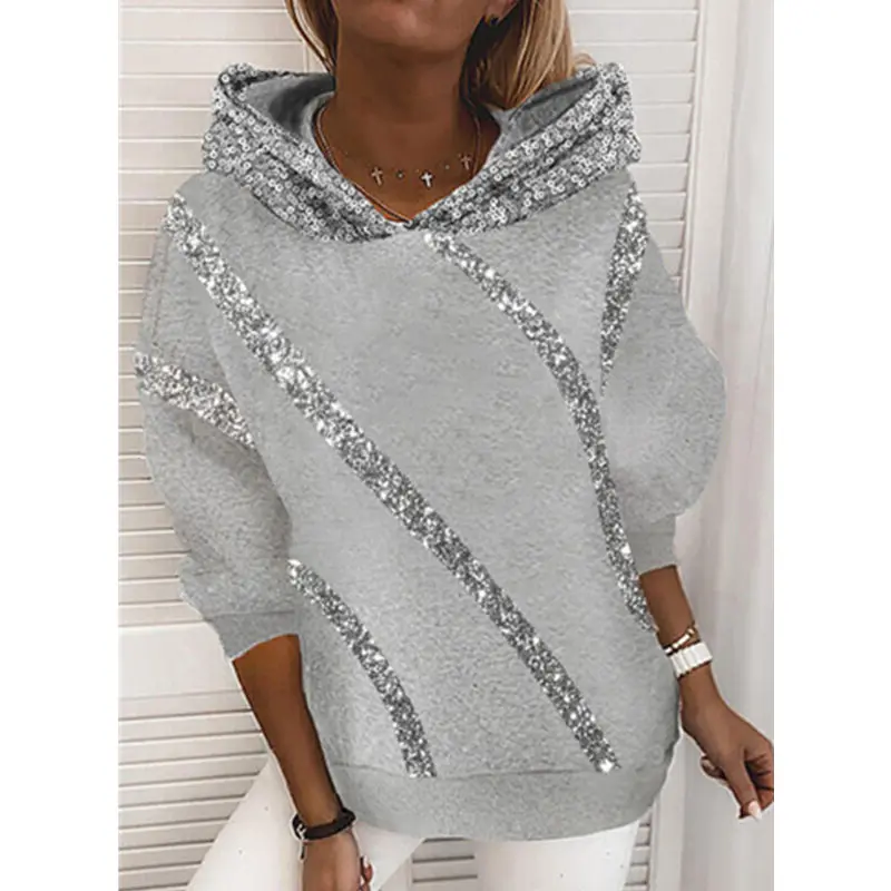 Casual Autumn Pullovers Ladies Fashion Sequin Patchwork Hoodies Elegant Winter Women Hooded Sweatshirts Long Sleeve Tops Jumper