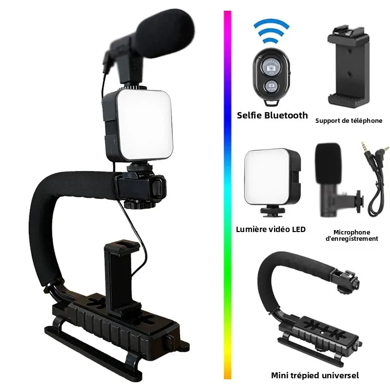 Universal Photoraphy Handheld Vlo Stand Stabilizer Kit LED Liht Microphone Remote Shutter Phone Camera Video_voghion.com