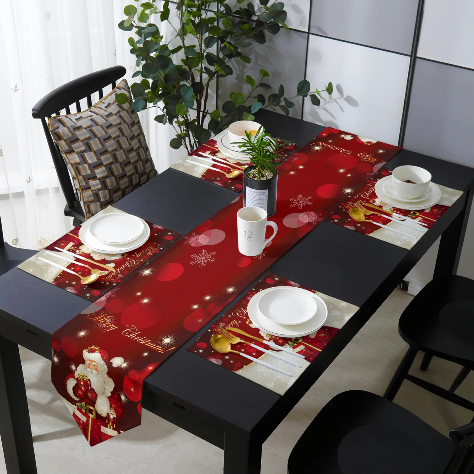 Christmas Santa Claus Table Runner and Placemat Set Wedding Tablecloth