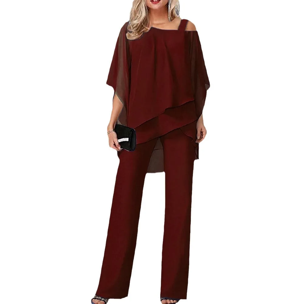 Women Two Piece Off Shoulder Blouse and Wide Leg Pants Set