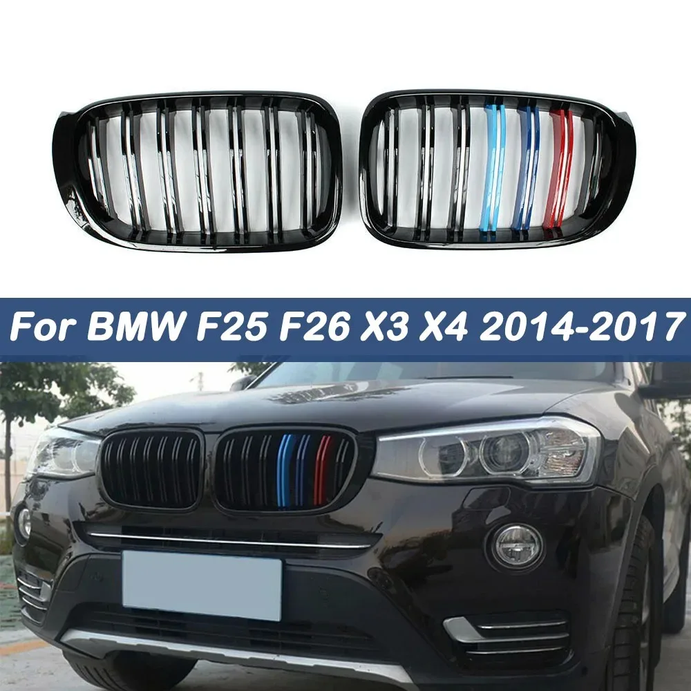 

A Pair Car Front Kidney Grille Double Line Slat Racing Grills For BMW F25 F26 X3 X4 2014 2015 2016 2017 Car Accessories M Color