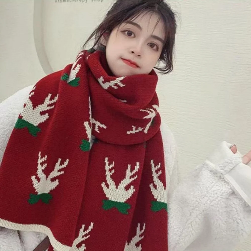 Winter Warm Scarf Christmas Reindeer Elk Snowman Knitted Scarf Soft Yarn Neck Wrap Scarf Couple Women Girls Christmas Gifts