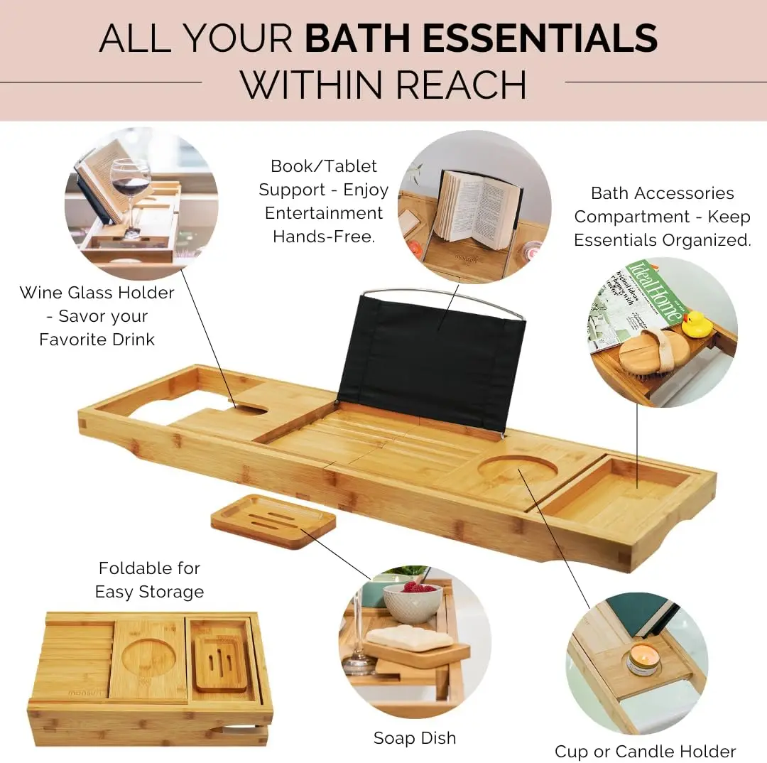 Foldable Bamboo Bathtub Tray Caddy -Expandable Bath Tray for Tub Secure Non-Slip Bathtub Caddy for Tub Bath Accessories